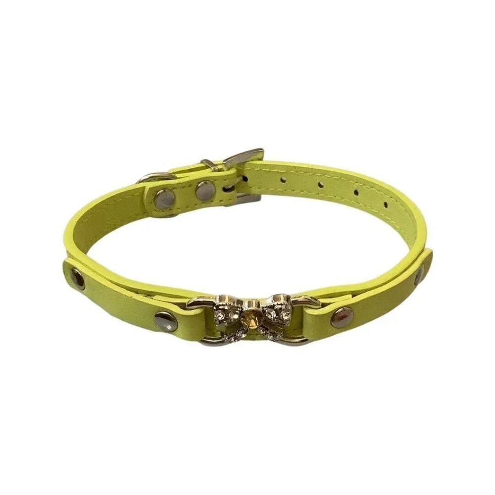 Yellow Dog Collar With Blinged/ Bedazzled  Bow with Adjustable Buckle Closure